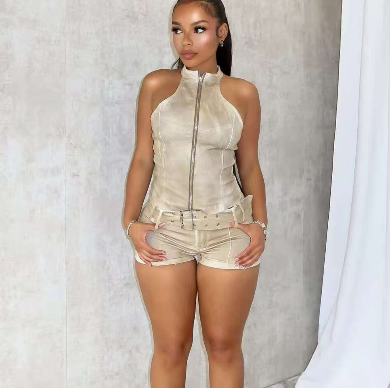 Zip-Up Belted Shorts Set