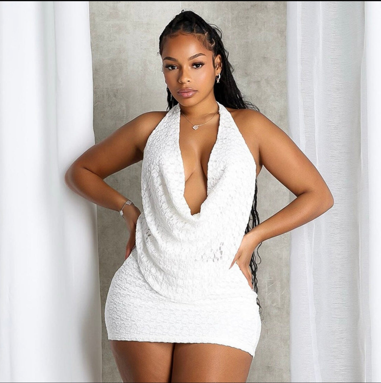 Cocoa Drape Textured Halter Mini Dress