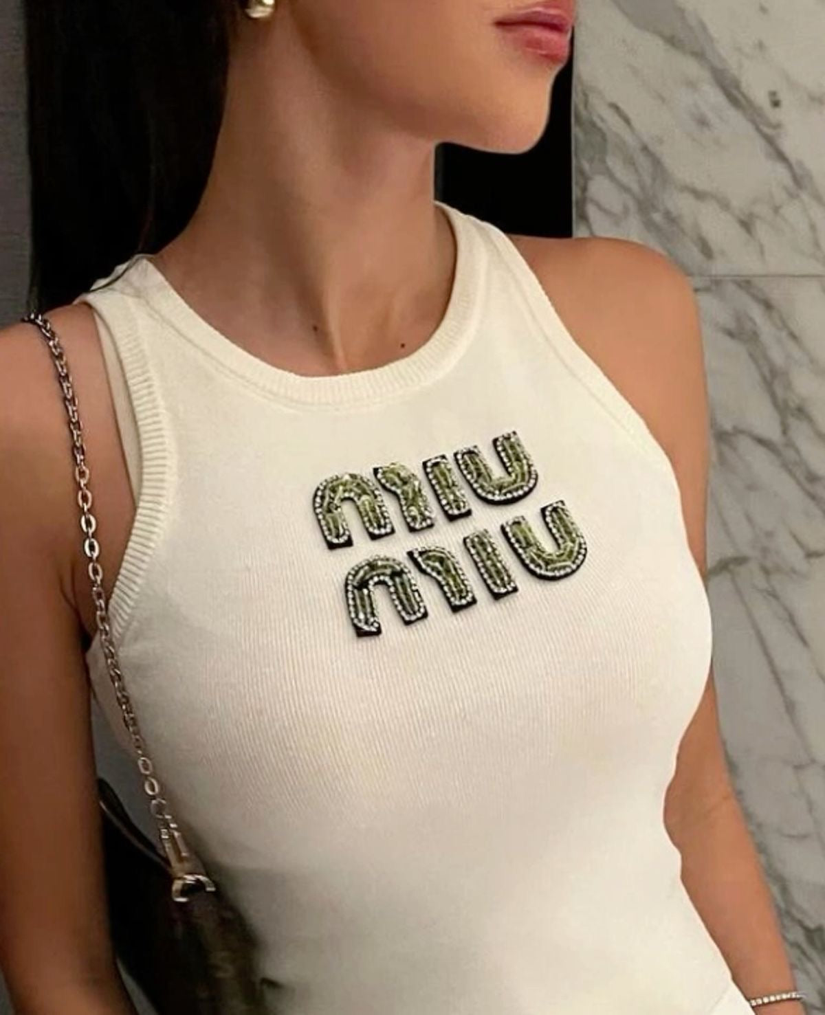 Miu Miu Embellished Ribbed Knit Tank Top