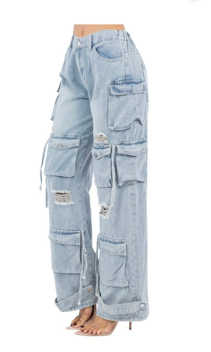Light blue distressed cargo pants