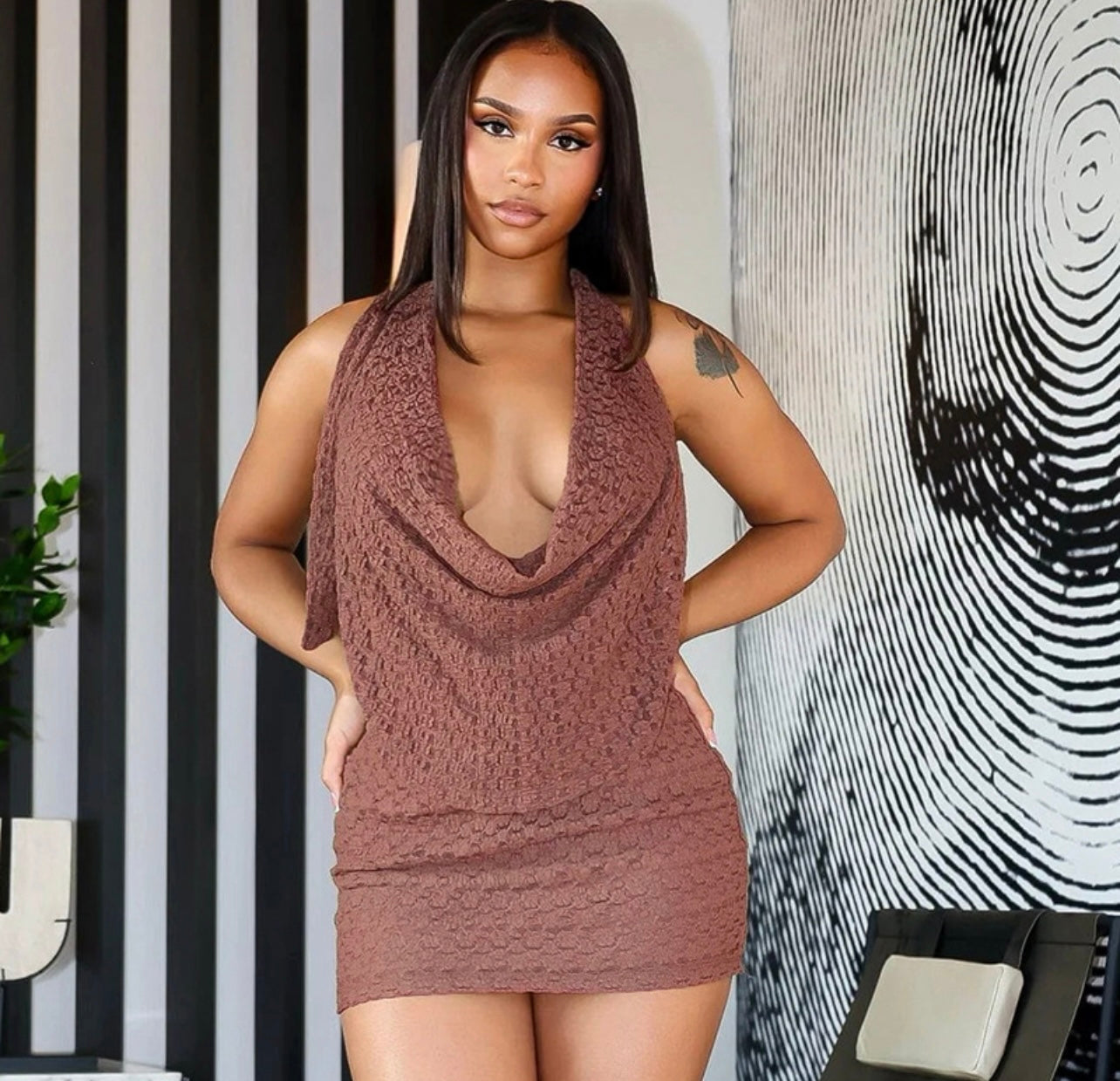 Cocoa Drape Textured Halter Mini Dress