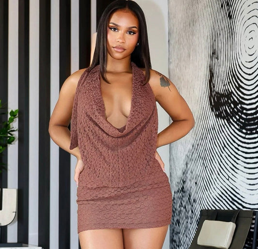 Cocoa Drape Textured Halter Mini Dress