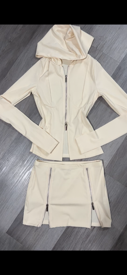 Beige zipper mini skirt set