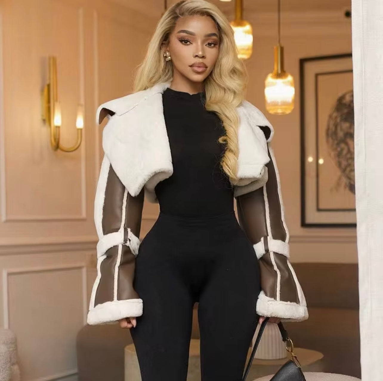 “Baddie Chill”  Faux Leather Cropped Sherpa Jacket