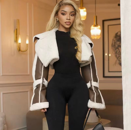 “Baddie Chill”  Faux Leather Cropped Sherpa Jacket
