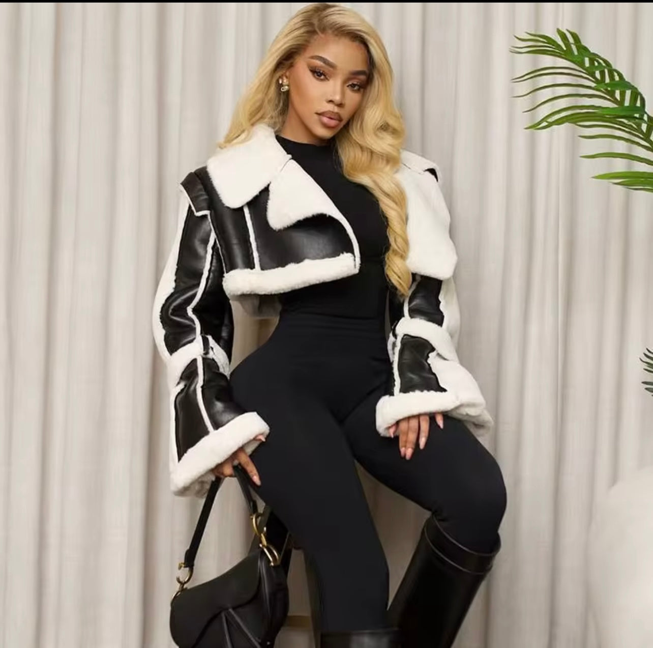 “Baddie Chill”  Faux Leather Cropped Sherpa Jacket