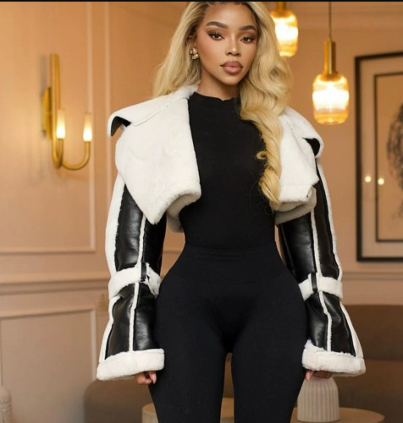 “Baddie Chill”  Faux Leather Cropped Sherpa Jacket