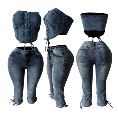 Lace-Up Denim – Corset Crop & Capri Pants set
